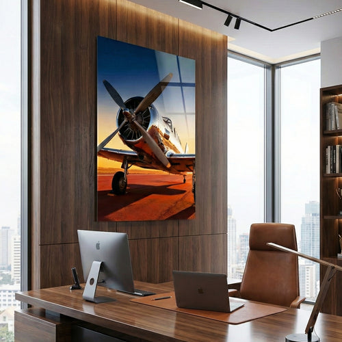 Gün Batımında Pervaneli Uçak Akrilik Cam Tablo